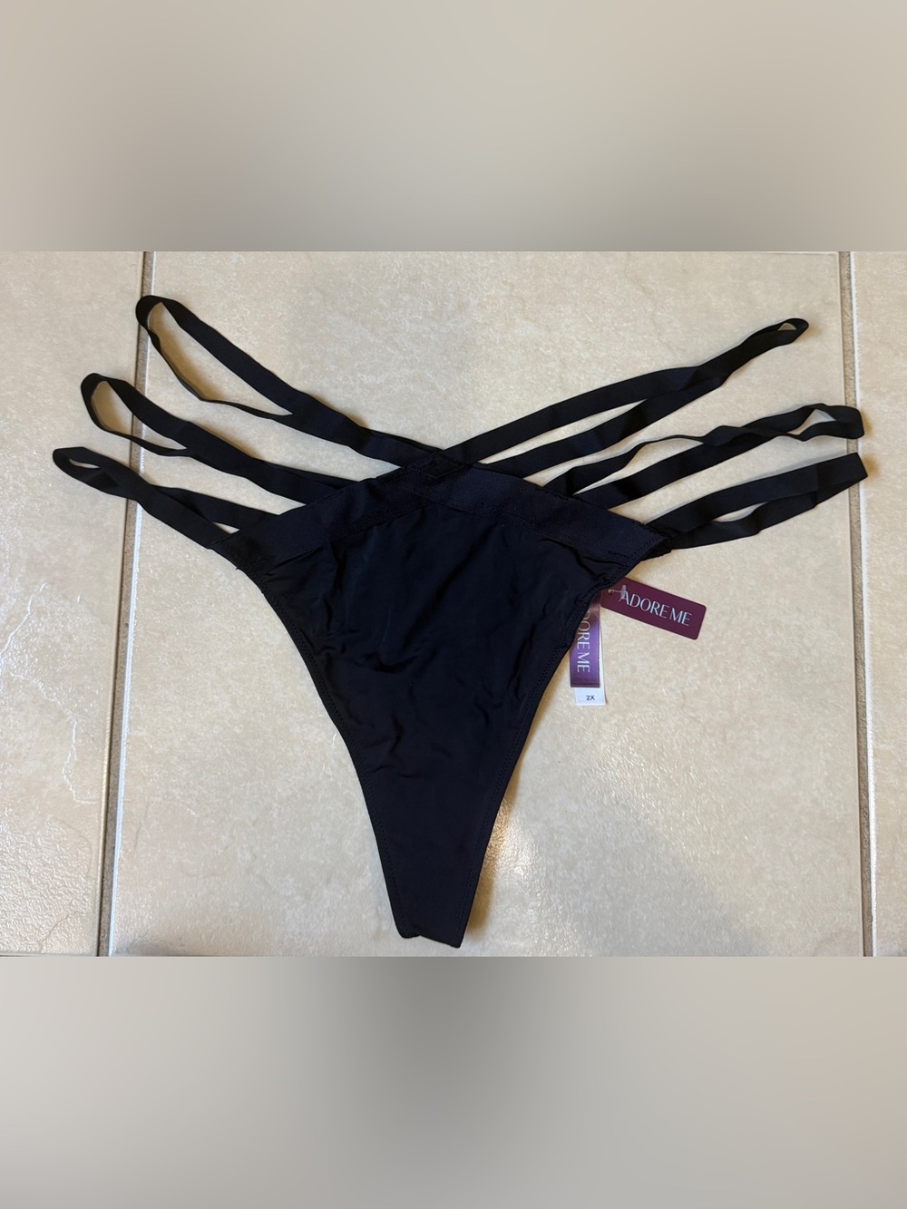 Adore Me Thong Panty Women 2X Black Strappy Cage Multi-Strap